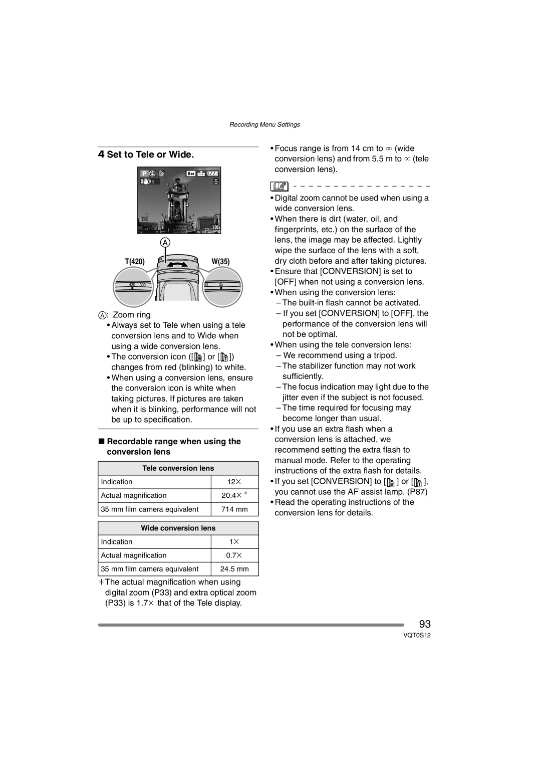 Panasonic DMC-FZ30GN operating instructions Set to Tele or Wide, Recordable range when using the conversion lens 