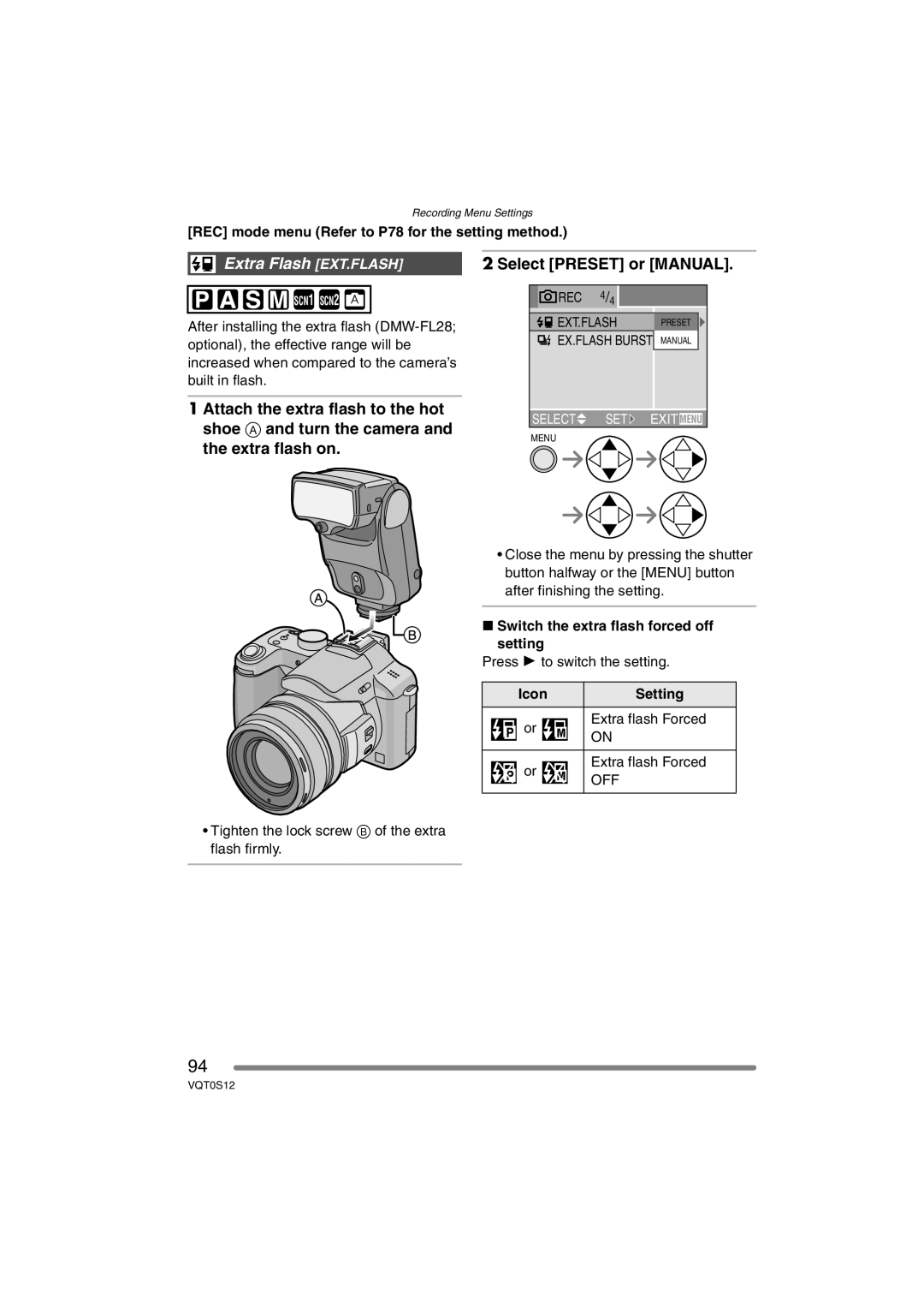 Panasonic DMC-FZ30GN operating instructions Extra Flash EXT.FLASH, Switch the extra flash forced off setting, Icon Setting 