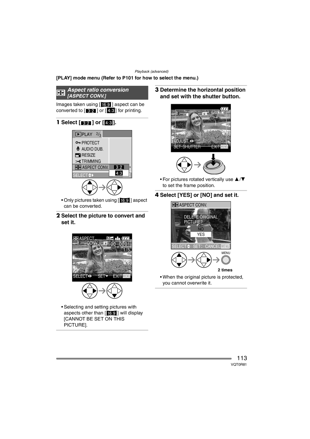 Panasonic DMC-FZ30PP operating instructions 113, Aspect ratio conversion 