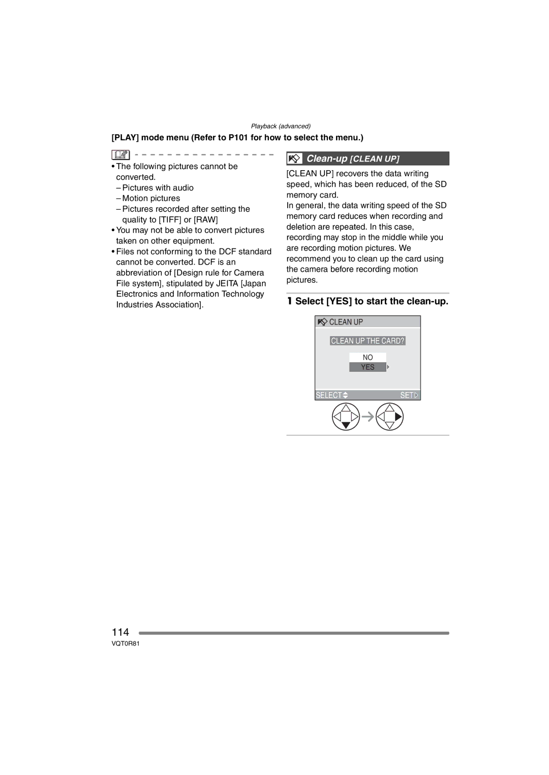 Panasonic DMC-FZ30PP operating instructions 114, Clean-up Clean UP, Select YES to start the clean-up 