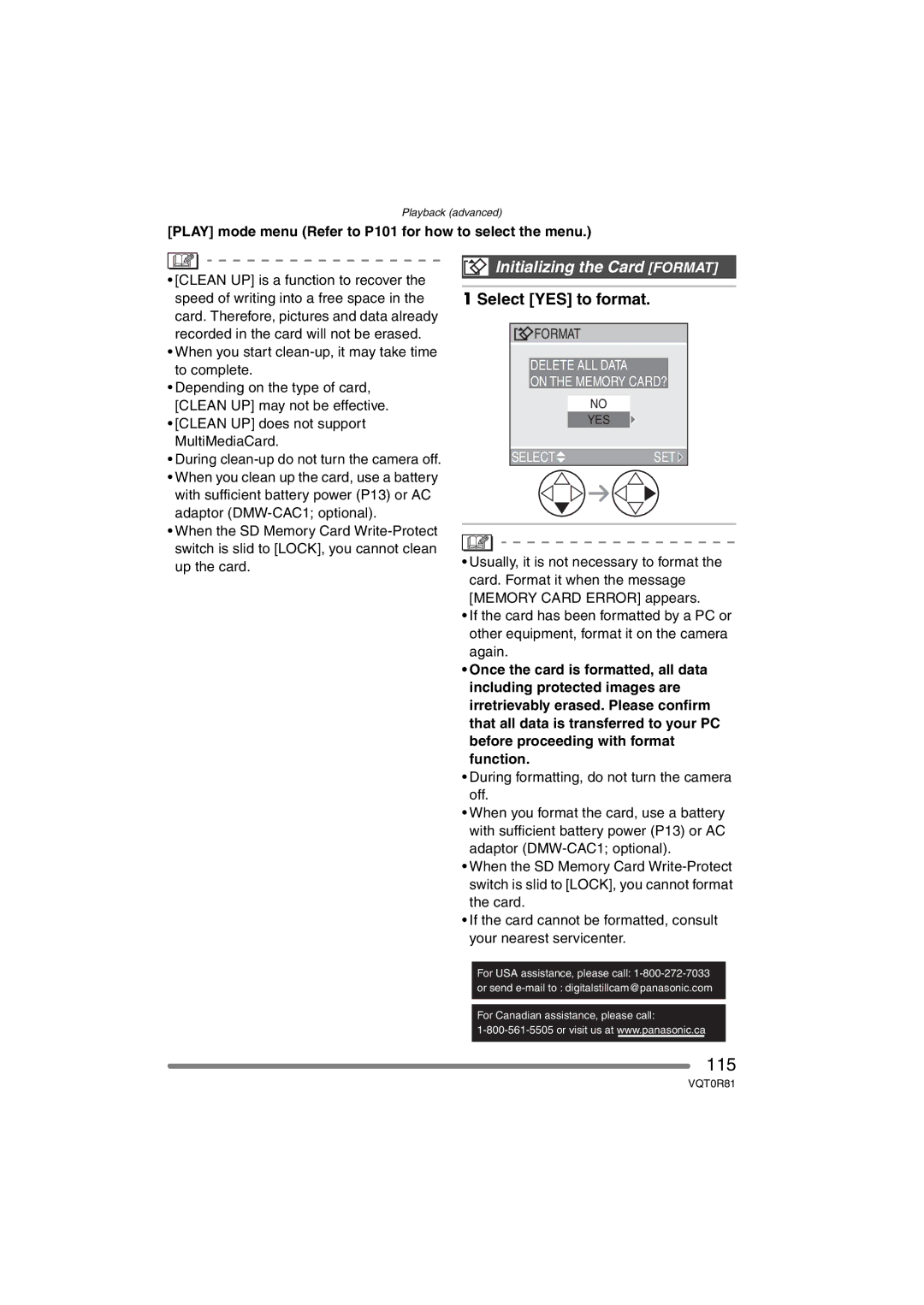 Panasonic DMC-FZ30PP operating instructions 115, Initializing the Card Format, Select YES to format 