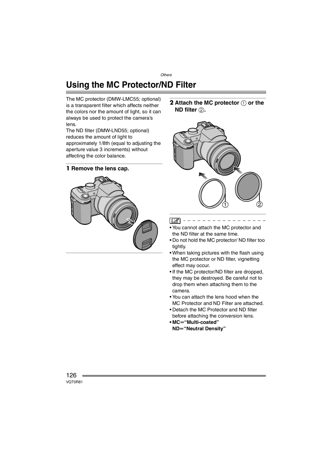 Panasonic DMC-FZ30PP operating instructions Using the MC Protector/ND Filter, 126, MCuMulti-coated NDuNeutral Density 