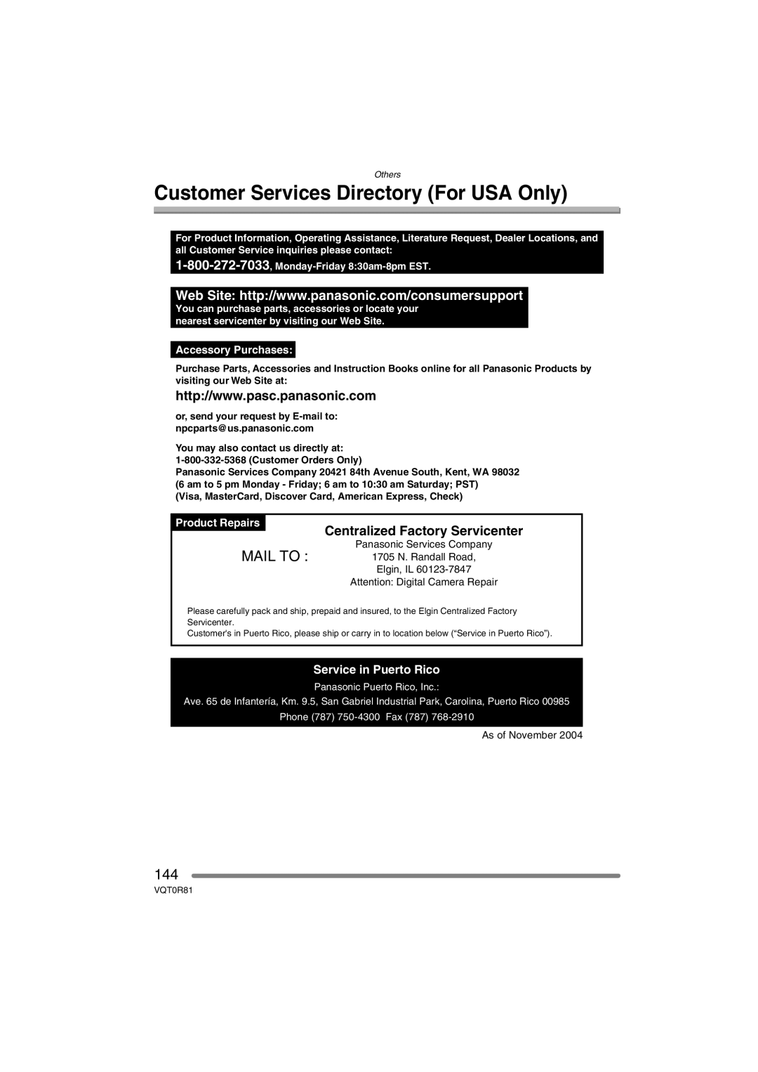 Panasonic DMC-FZ30PP operating instructions Customer Services Directory For USA Only, 144, Centralized Factory Servicenter 