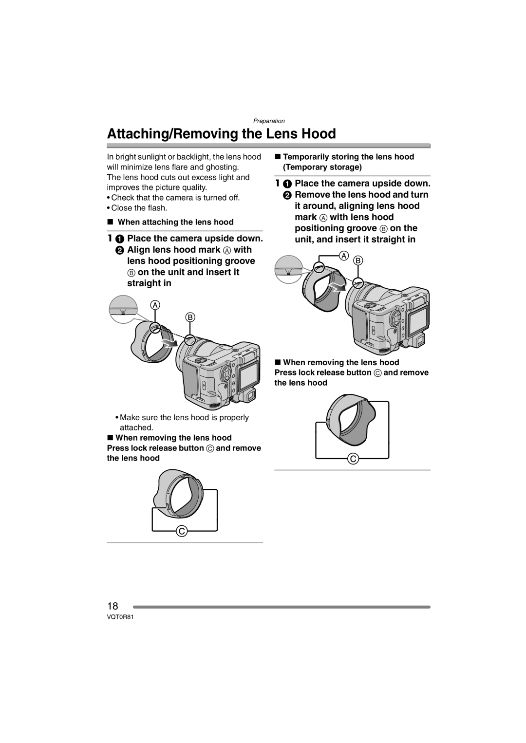 Panasonic DMC-FZ30PP operating instructions Attaching/Removing the Lens Hood, When attaching the lens hood 