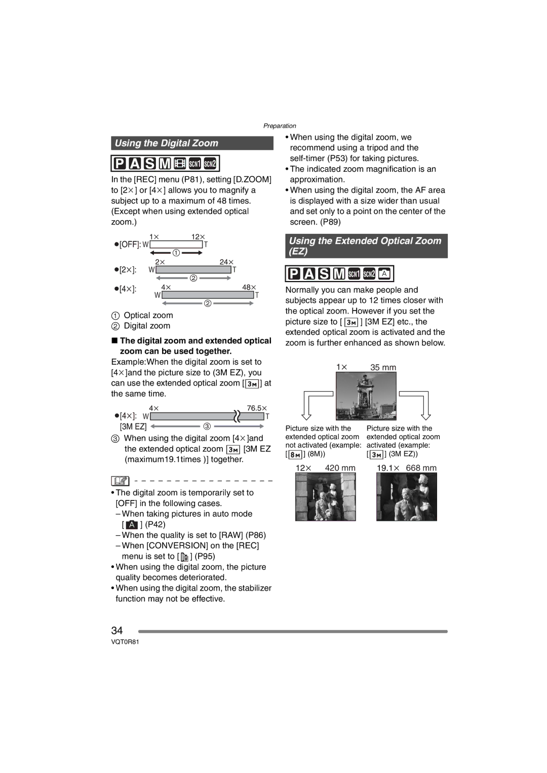 Panasonic DMC-FZ30PP operating instructions Using the Digital Zoom, Using the Extended Optical Zoom EZ 