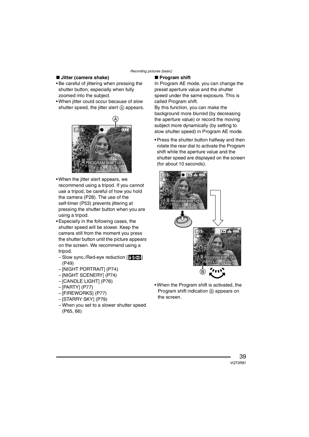 Panasonic DMC-FZ30PP Jitter camera shake, Night Portrait P74 Night Scenery P74 Candle Light P76, Fireworks P77 