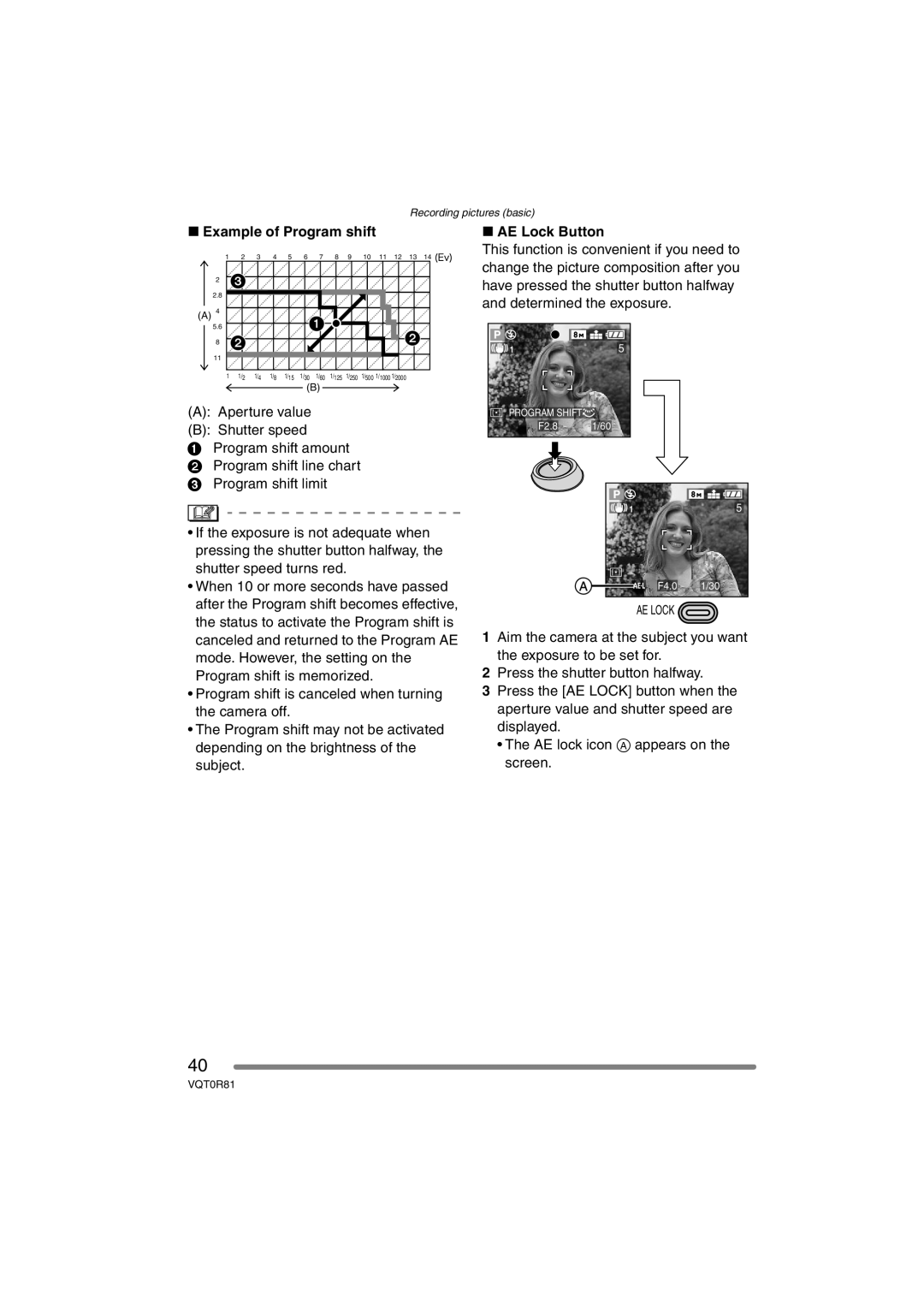 Panasonic DMC-FZ30PP operating instructions Example of Program shift, AE Lock Button 