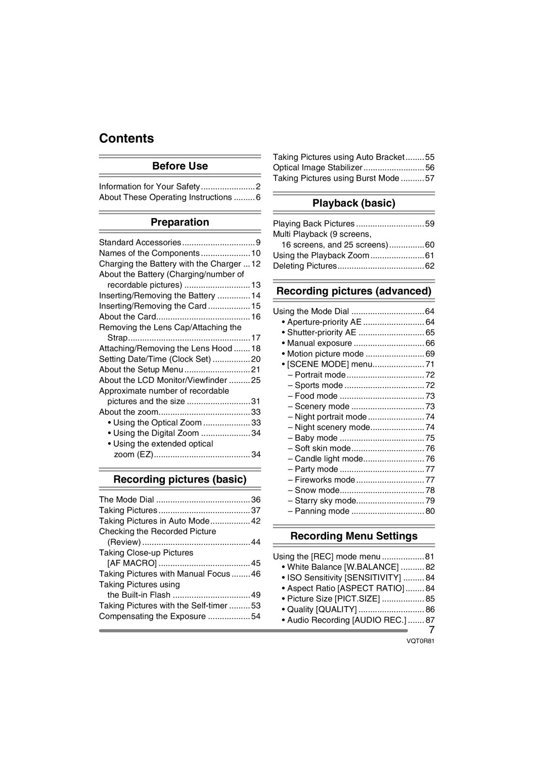 Panasonic DMC-FZ30PP operating instructions Contents 