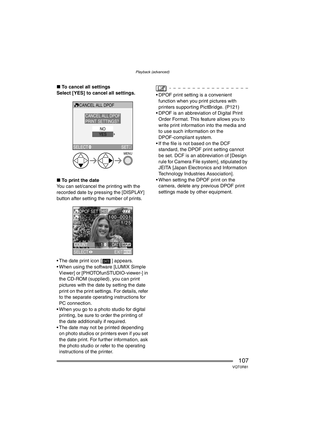 Panasonic DMC-FZ30PP 107, To cancel all settings Select YES to cancel all settings, To print the date 