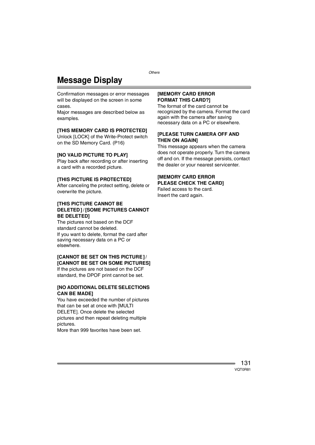 Panasonic DMC-FZ30PP operating instructions Message Display, 131 