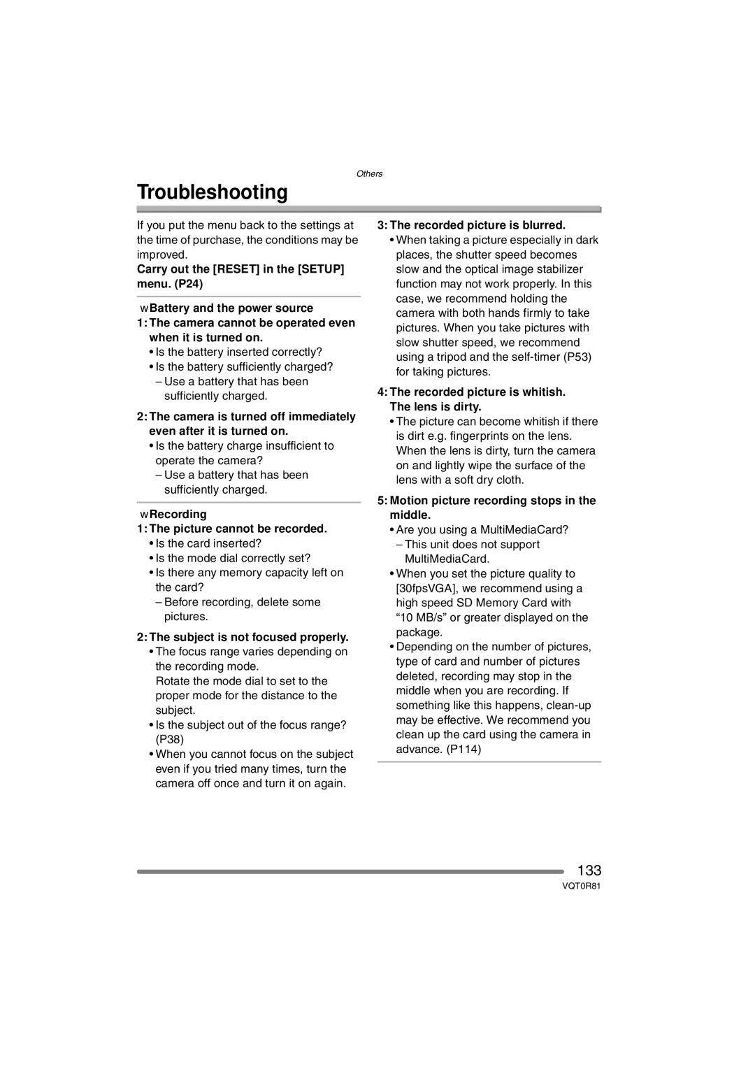 Panasonic DMC-FZ30PP operating instructions Troubleshooting, 133 