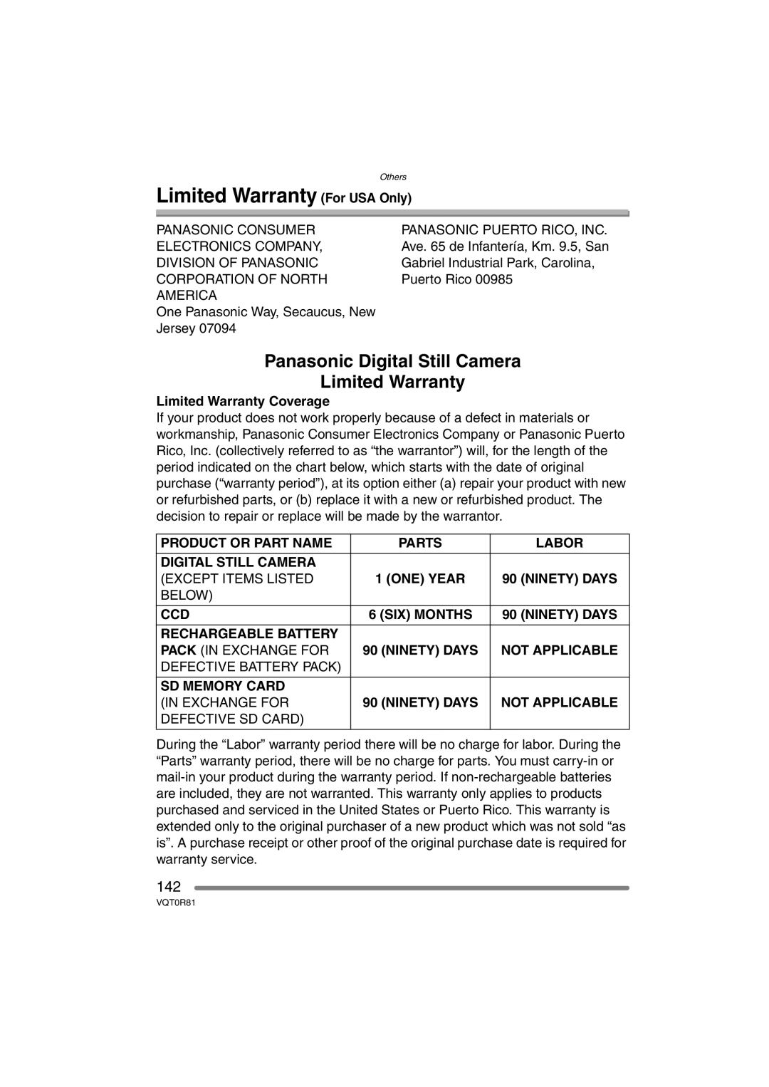 Panasonic DMC-FZ30PP operating instructions Limited Warranty For USA Only, 142, Limited Warranty Coverage 