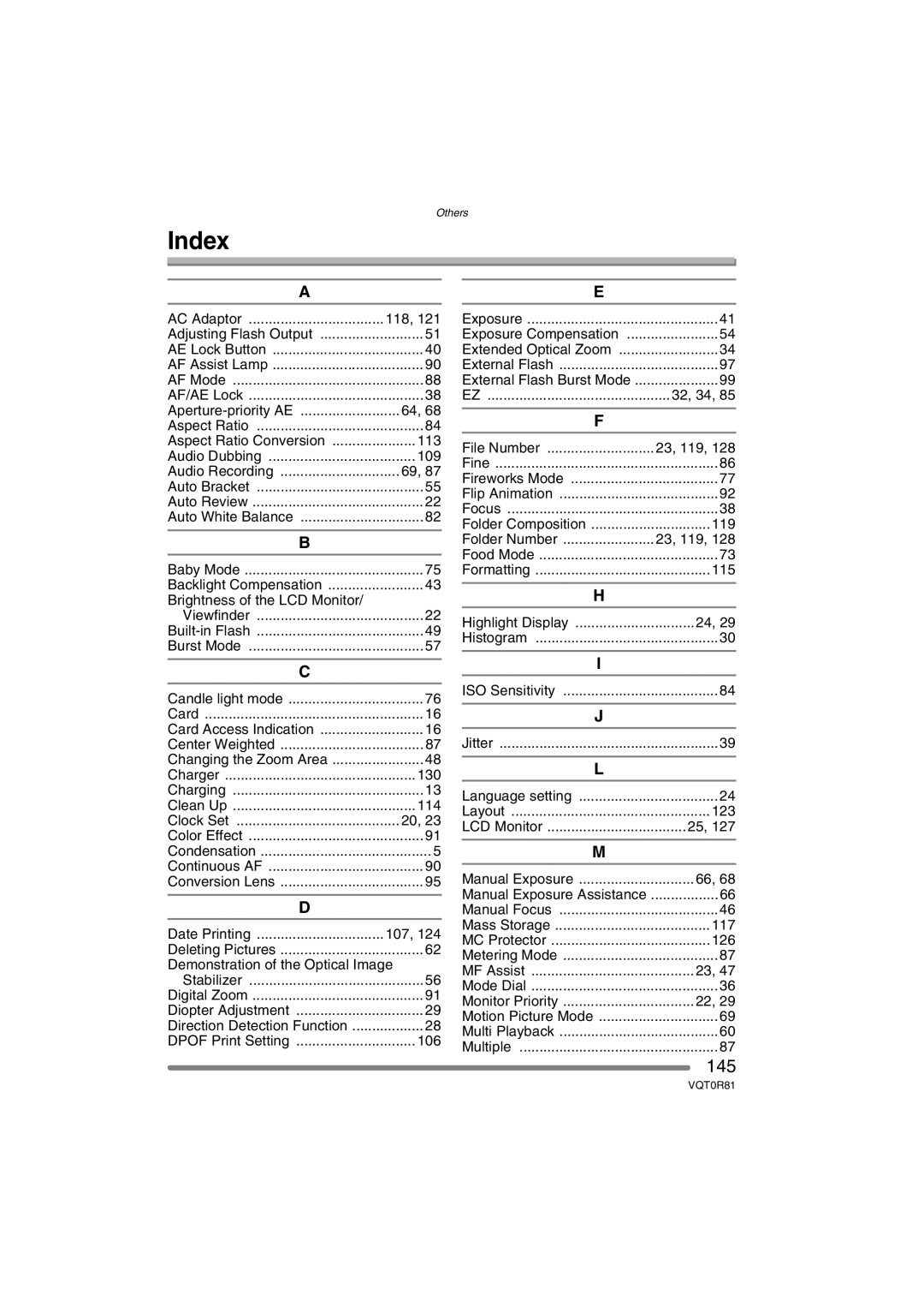 Panasonic DMC-FZ30PP operating instructions Index, 145 