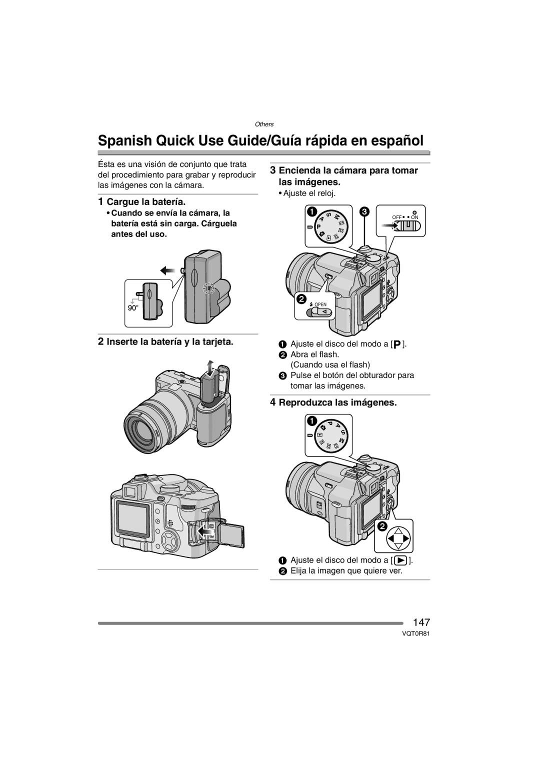 Panasonic DMC-FZ30PP Spanish Quick Use Guide/Guía rápida en español, 147, Inserte la batería y la tarjeta 