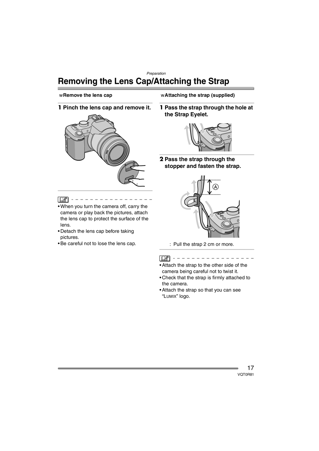 Panasonic DMC-FZ30PP Removing the Lens Cap/Attaching the Strap, Remove the lens cap Attaching the strap supplied 