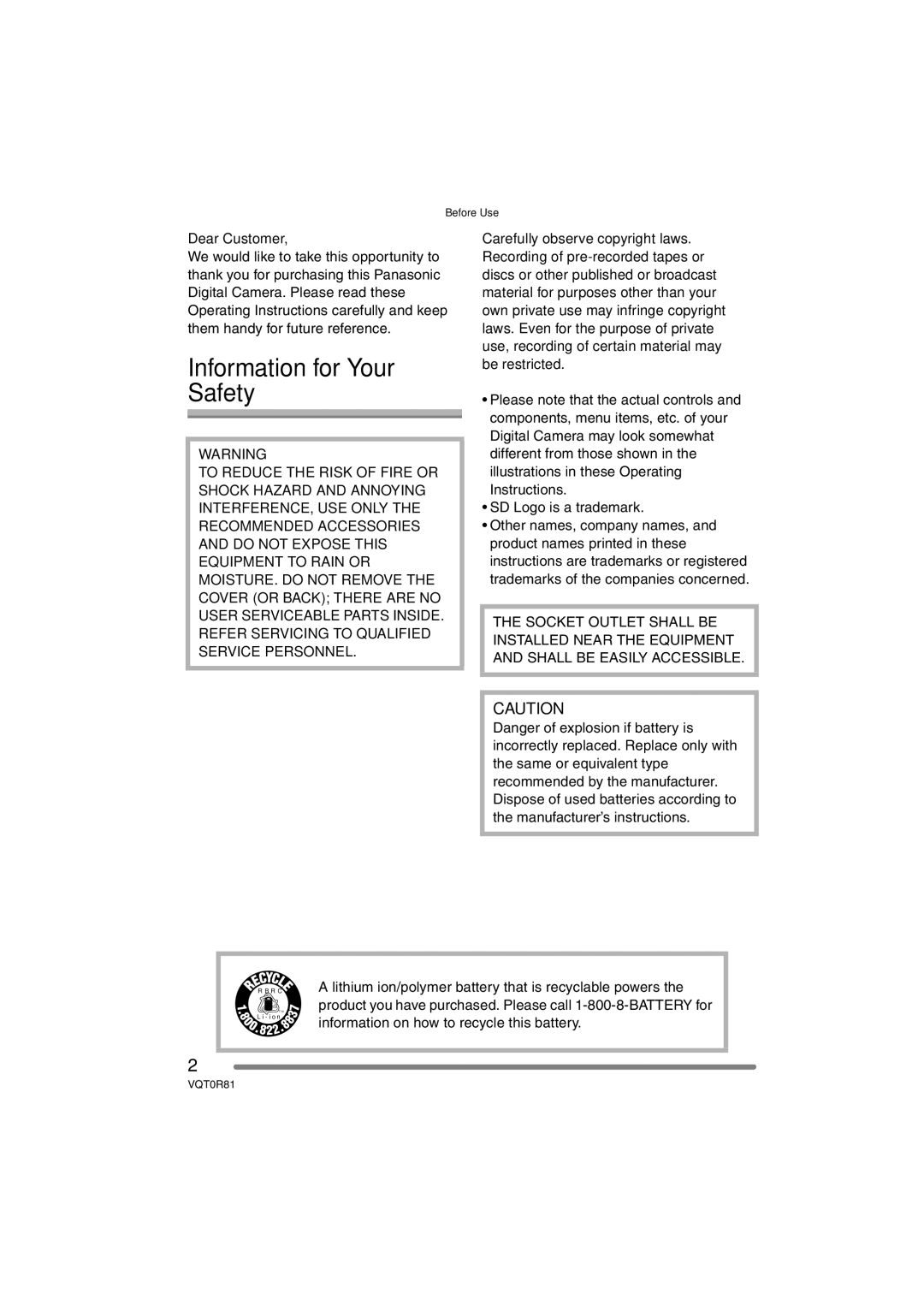 Panasonic DMC-FZ30PP operating instructions Information for Your Safety, Dear Customer 