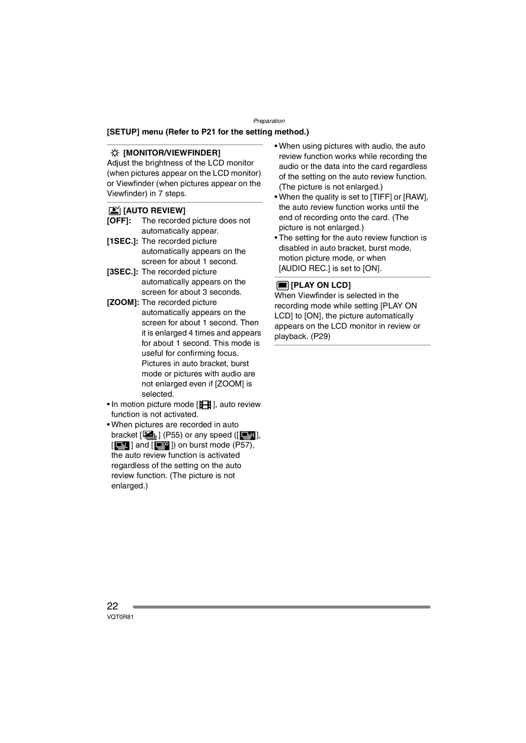 Panasonic DMC-FZ30PP Setup menu Refer to P21 for the setting method, Monitor/Viewfinder, Auto Review, Play on LCD 