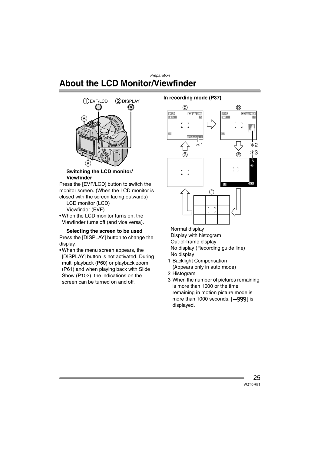 Panasonic DMC-FZ30PP About the LCD Monitor/Viewfinder, Switching the LCD monitor/ Viewfinder, Recording mode P37 