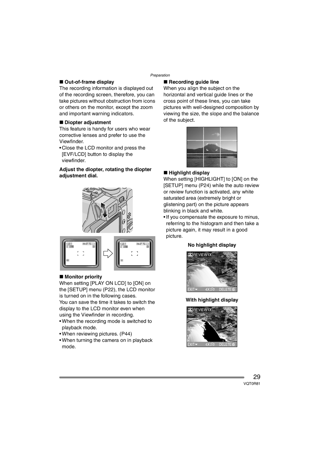 Panasonic DMC-FZ30PP Out-of-frame display, Diopter adjustment, Recording guide line, Highlight display 