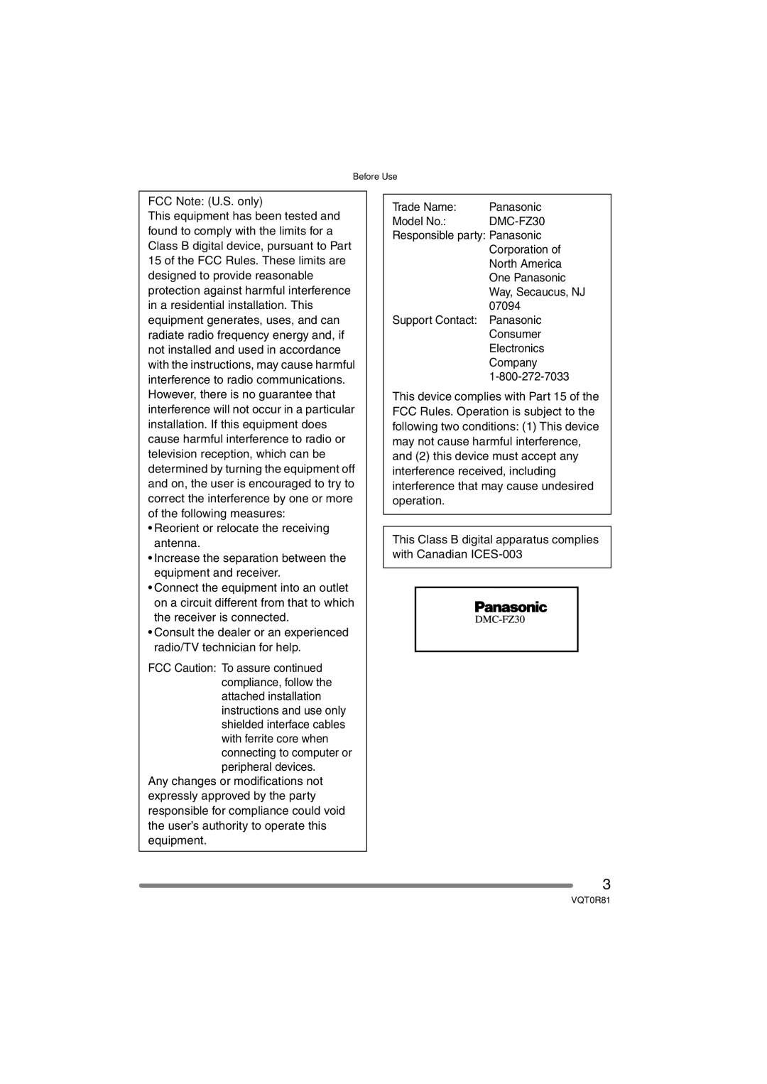 Panasonic DMC-FZ30PP operating instructions FCC Note U.S. only 