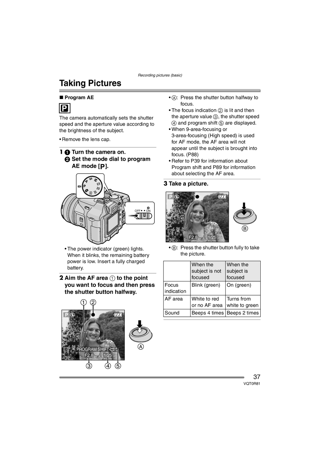 Panasonic DMC-FZ30PP Taking Pictures, Turn the camera on Set the mode dial to program AE mode, Take a picture, Program AE 