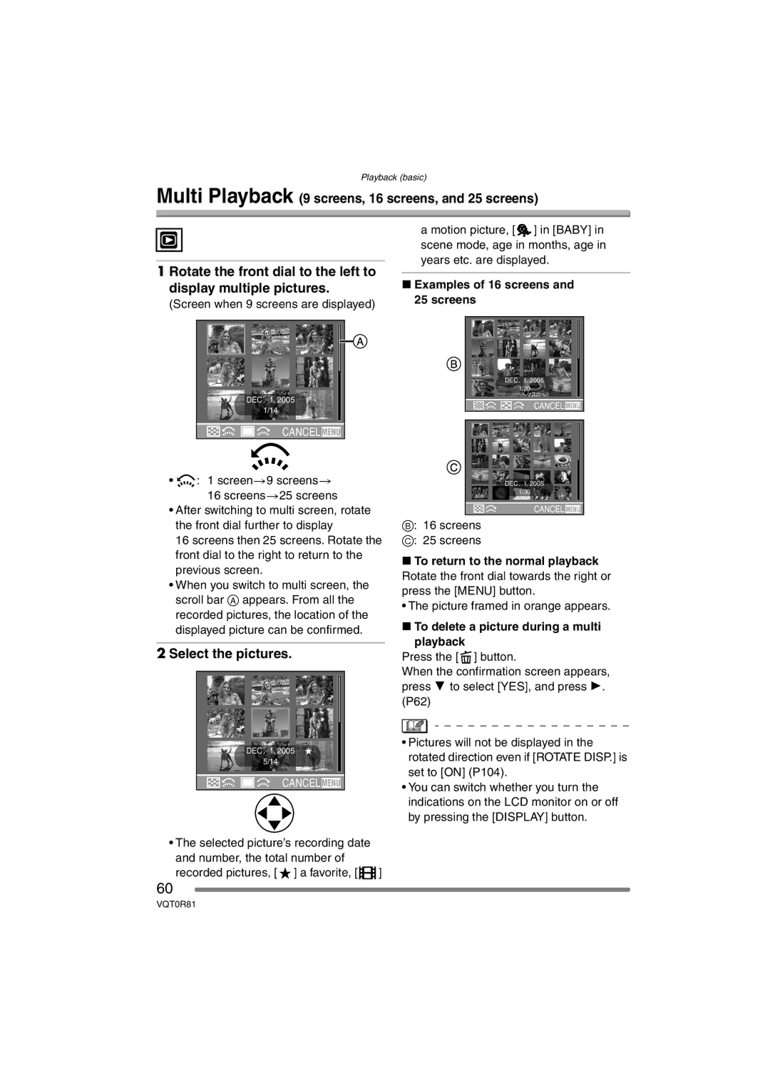 Panasonic DMC-FZ30PP Select the pictures, Examples of 16 screens and 25 screens, Screens, To return to the normal playback 