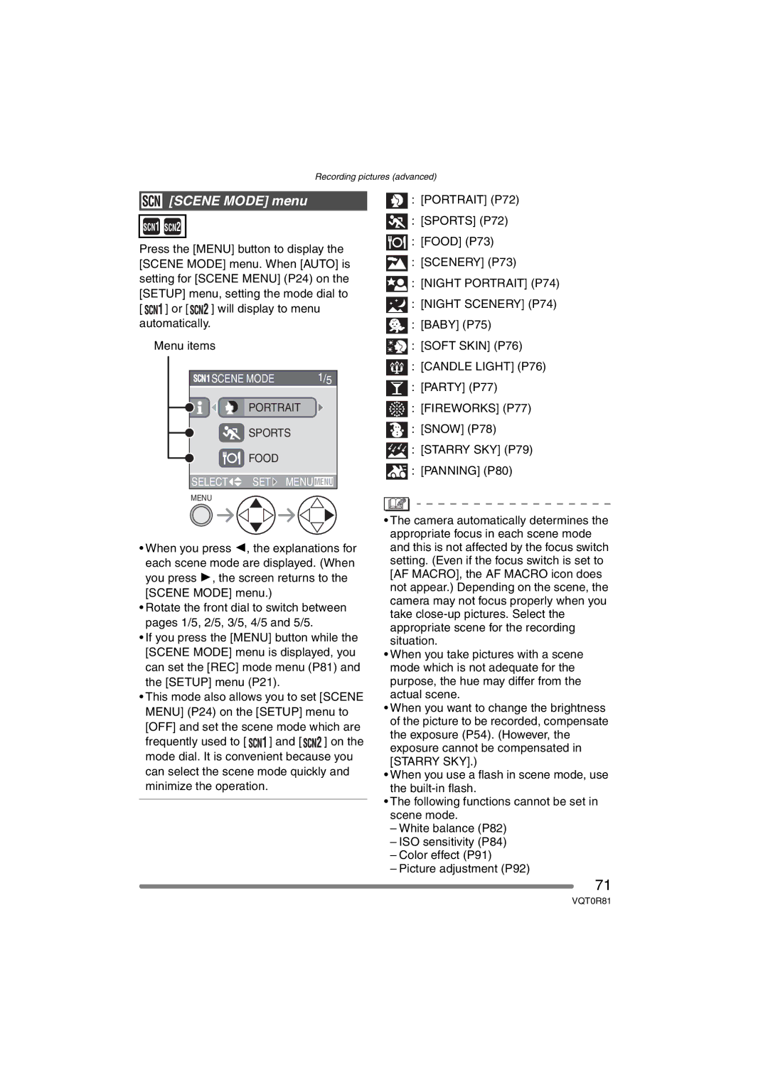 Panasonic DMC-FZ30PP operating instructions Scene Mode menu, Night Portrait P74 Night Scenery P74 