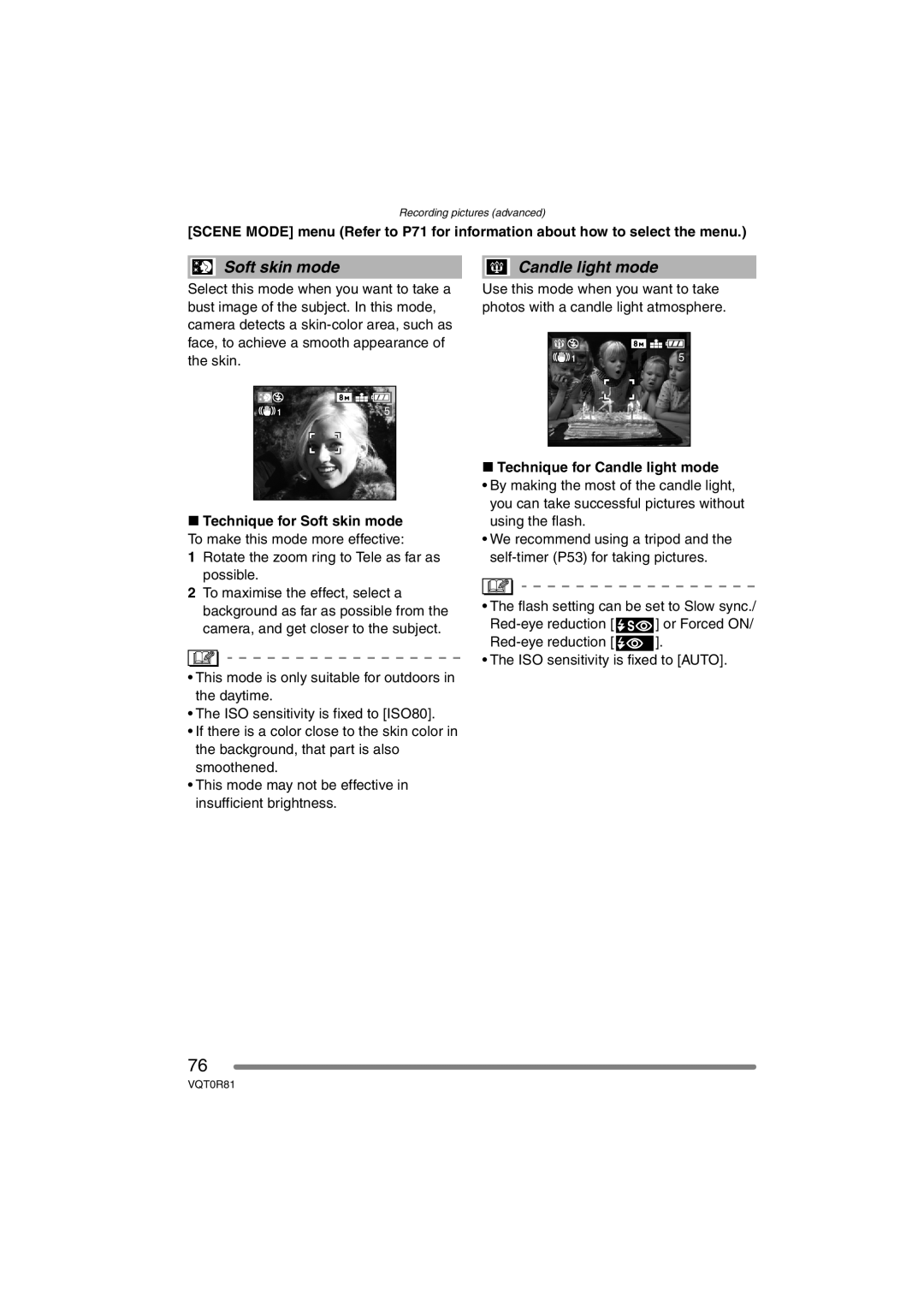 Panasonic DMC-FZ30PP operating instructions Soft skin mode, Technique for Candle light mode 