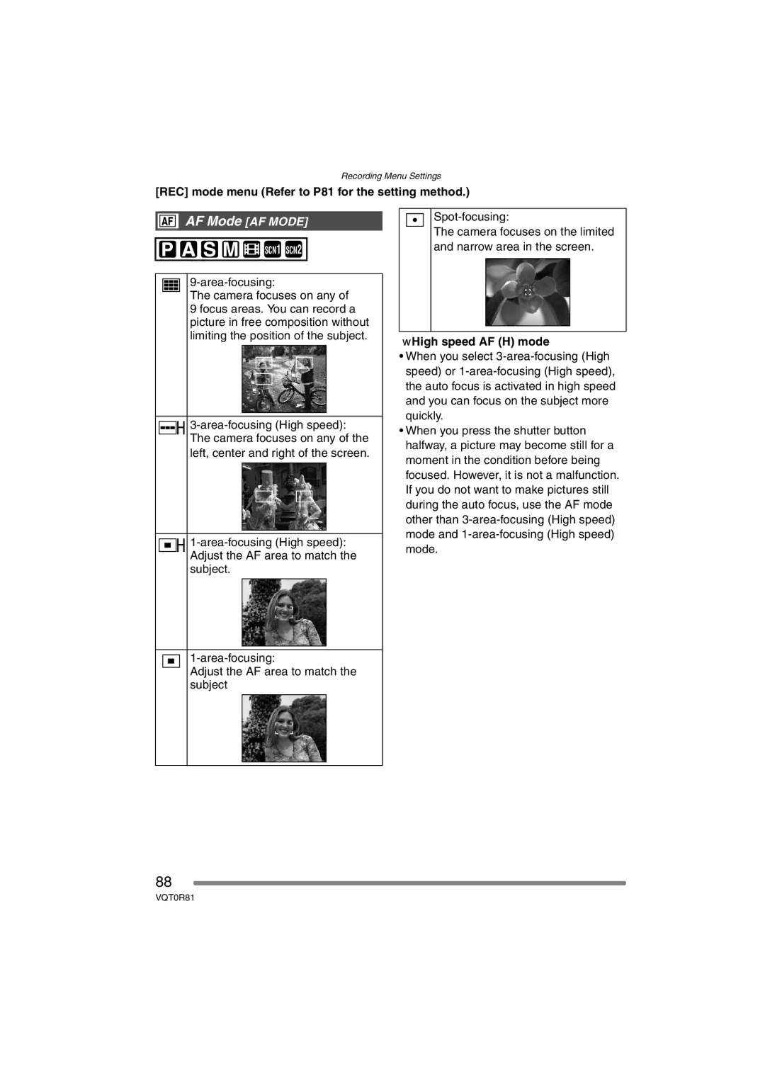 Panasonic DMC-FZ30PP operating instructions AF Mode AF Mode, Area-focusing Camera focuses on any, High speed AF H mode 