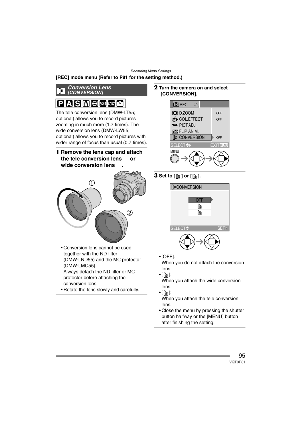 Panasonic DMC-FZ30PP operating instructions Conversion Lens, Rotate the lens slowly and carefully OFF 