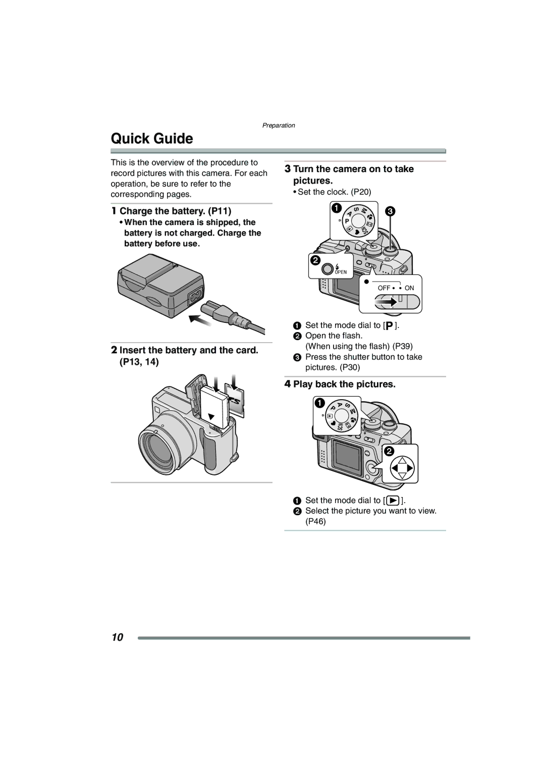 Panasonic DMC-FZ3GN Quick Guide, Charge the battery. P11, Turn the camera on to take pictures, Play back the pictures 