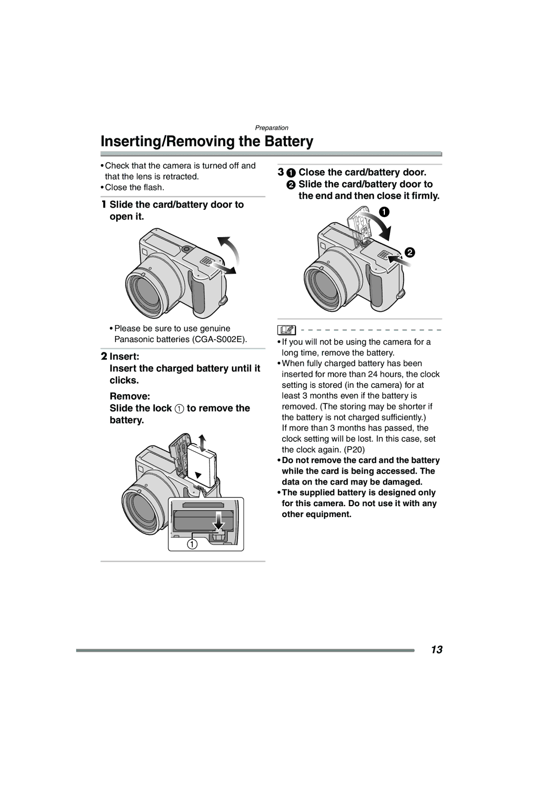 Panasonic DMC-FZ3GN operating instructions Inserting/Removing the Battery 