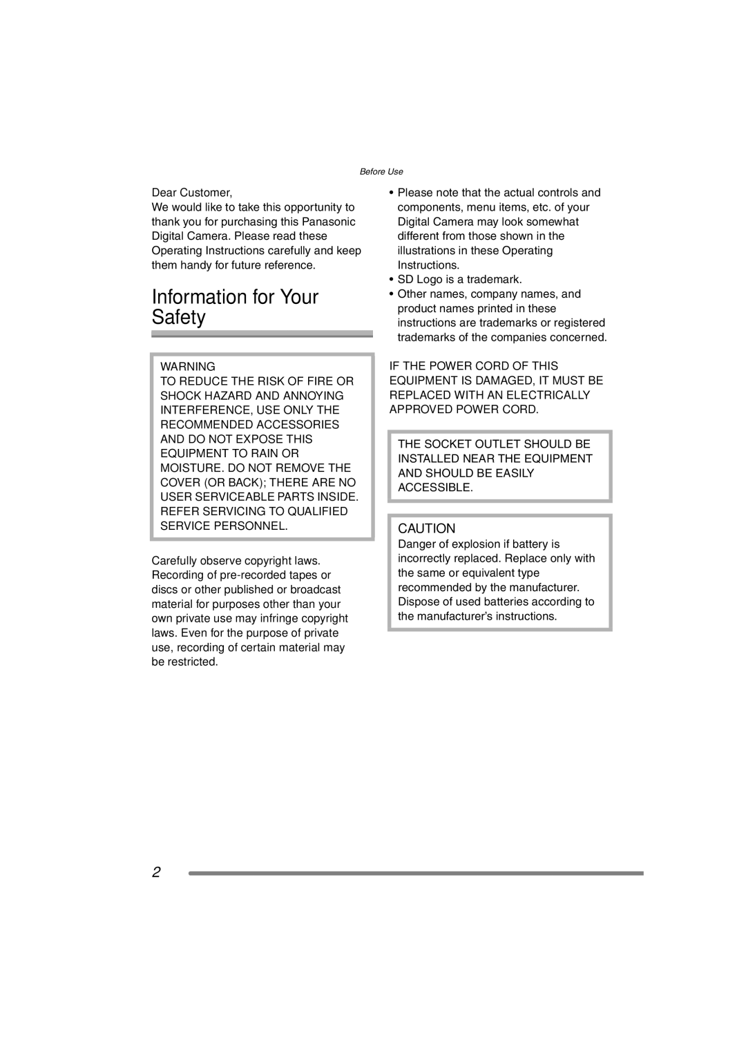 Panasonic DMC-FZ3GN operating instructions Information for Your Safety, Dear Customer 