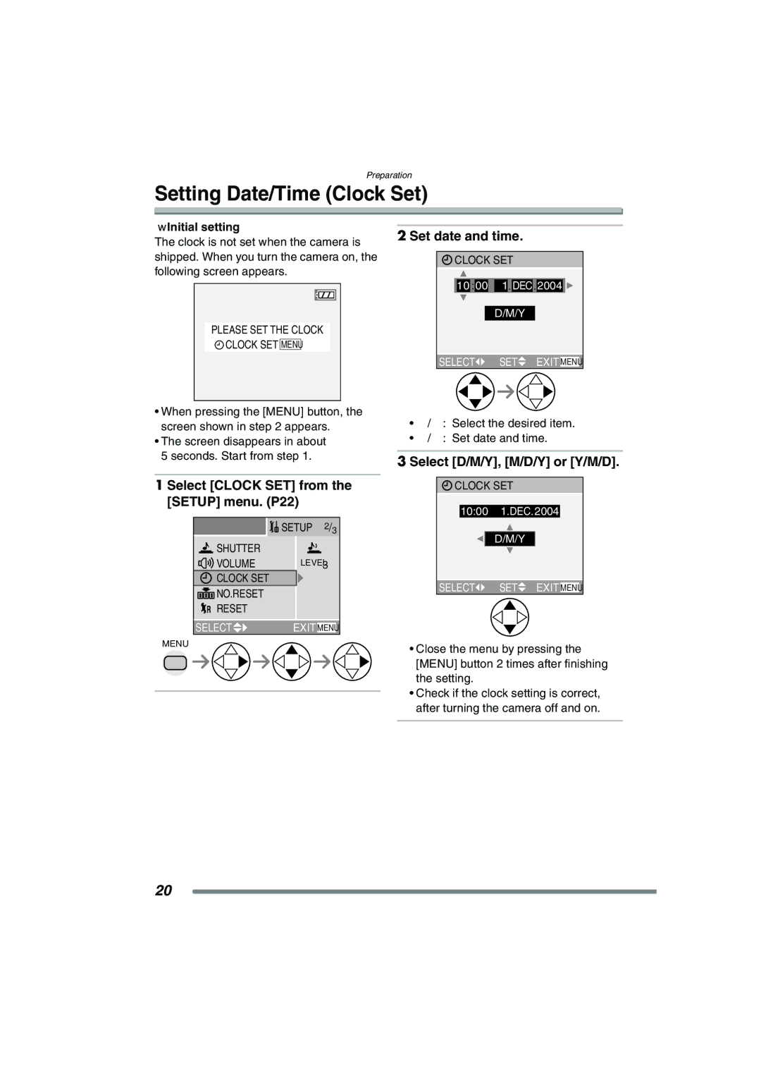 Panasonic DMC-FZ3GN Setting Date/Time Clock Set, Set date and time, Select Clock SET from the Setup menu. P22 