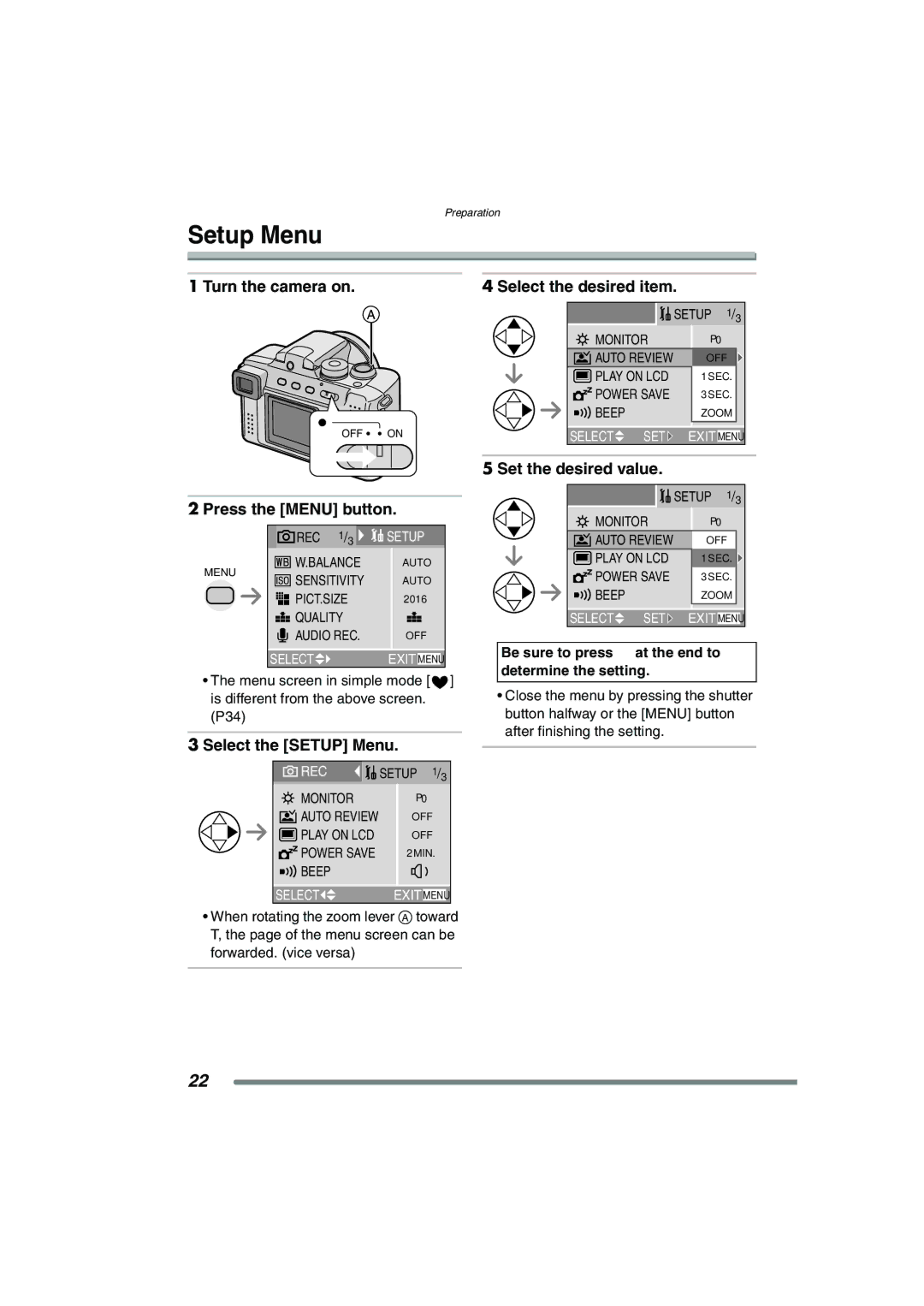 Panasonic DMC-FZ3GN operating instructions Setup Menu 