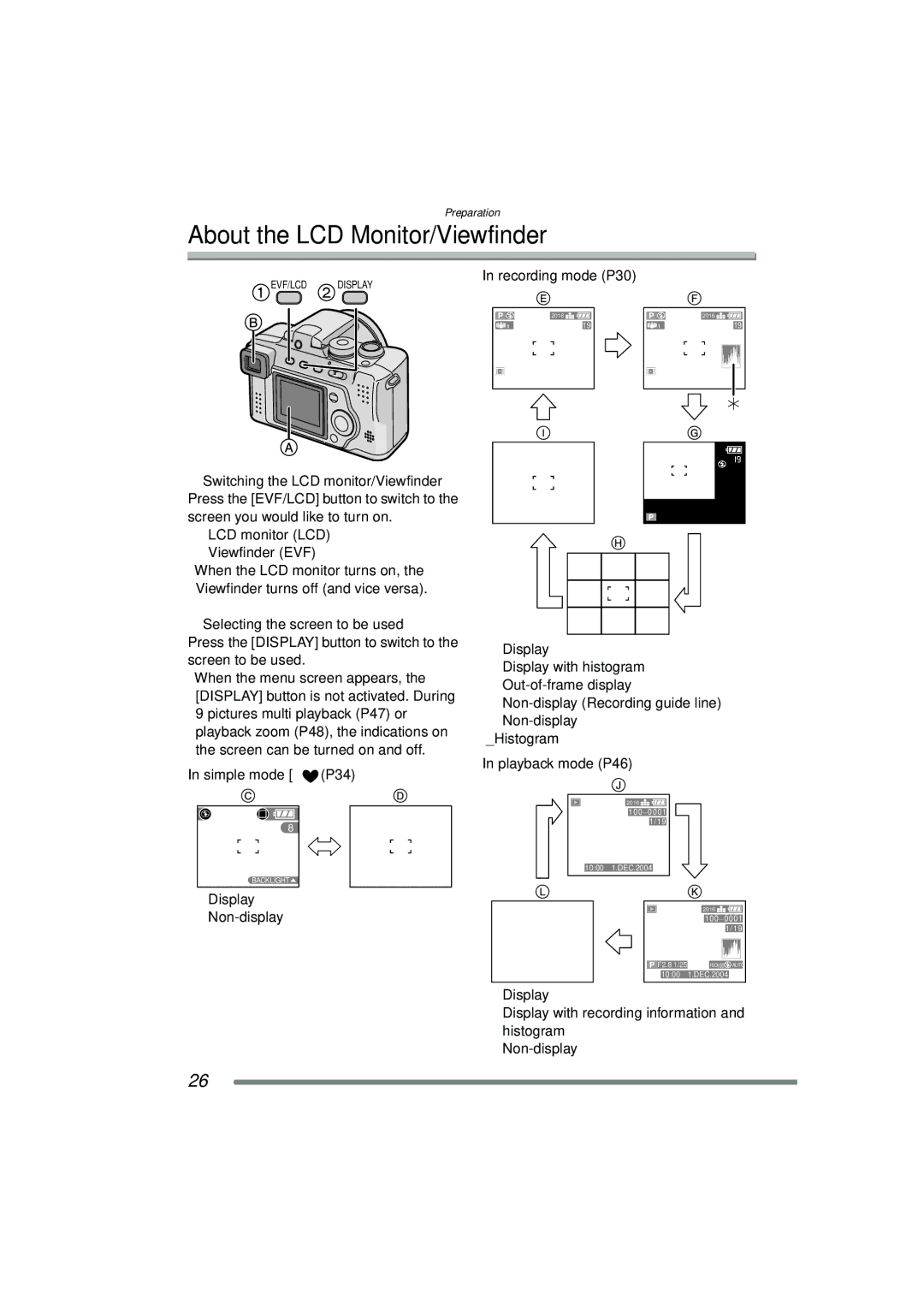 Panasonic DMC-FZ3GN About the LCD Monitor/Viewfinder, Simple mode P34, Recording mode P30, Playback mode P46 