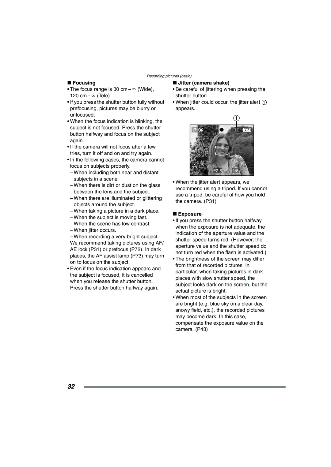 Panasonic DMC-FZ3GN operating instructions Focusing, Jitter camera shake, Exposure 