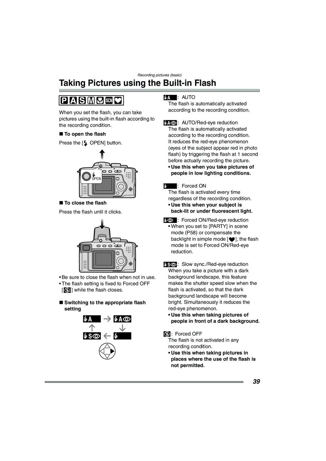 Panasonic DMC-FZ3GN operating instructions Taking Pictures using the Built-in Flash, To open the flash, To close the flash 