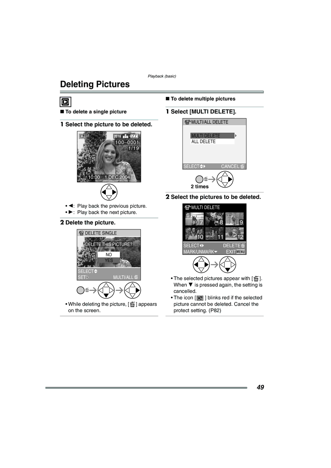 Panasonic DMC-FZ3GN Deleting Pictures, Select the picture to be deleted, Delete the picture, Select Multi Delete 