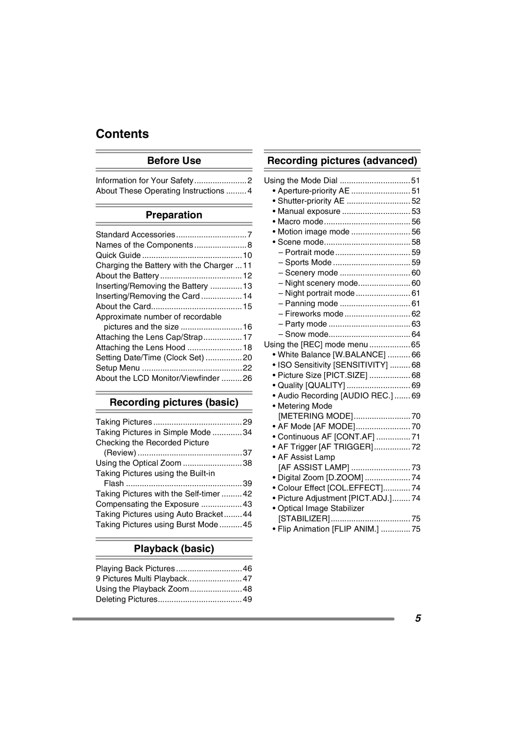 Panasonic DMC-FZ3GN operating instructions Contents 