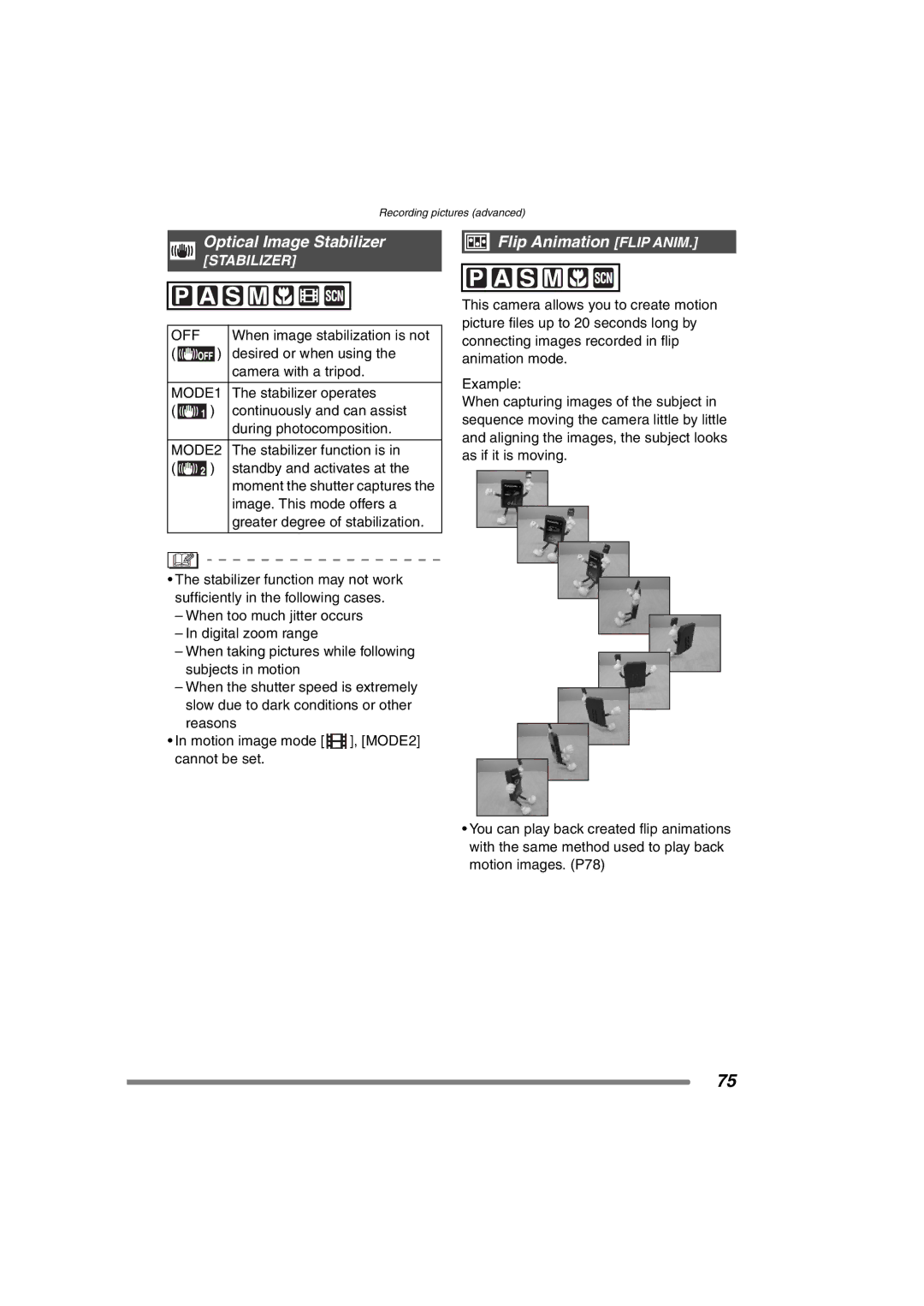 Panasonic DMC-FZ3GN operating instructions Optical Image Stabilizer, Flip Animation Flip Anim, MODE2 