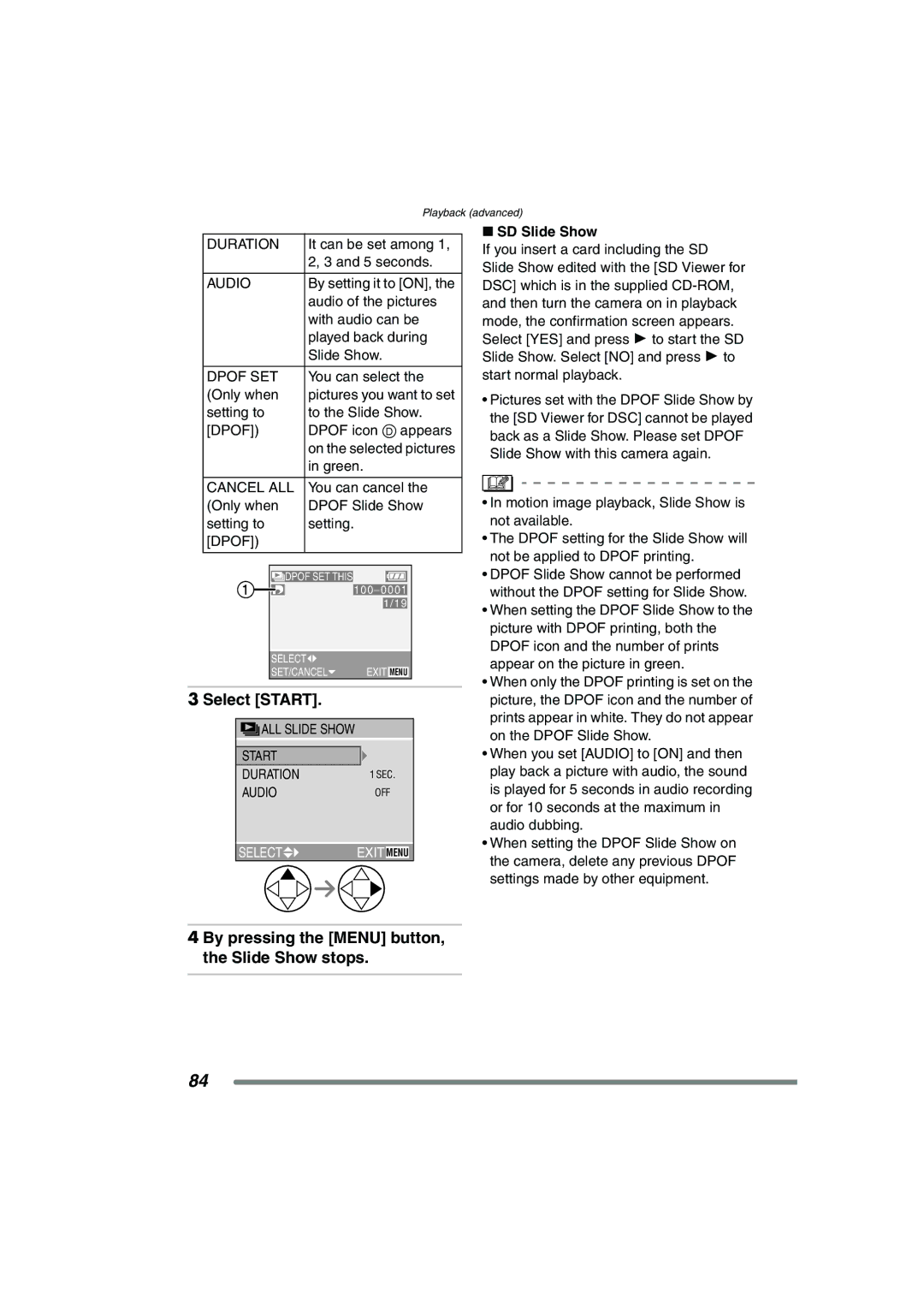 Panasonic DMC-FZ3GN operating instructions Select Start, By pressing the Menu button, the Slide Show stops, SD Slide Show 