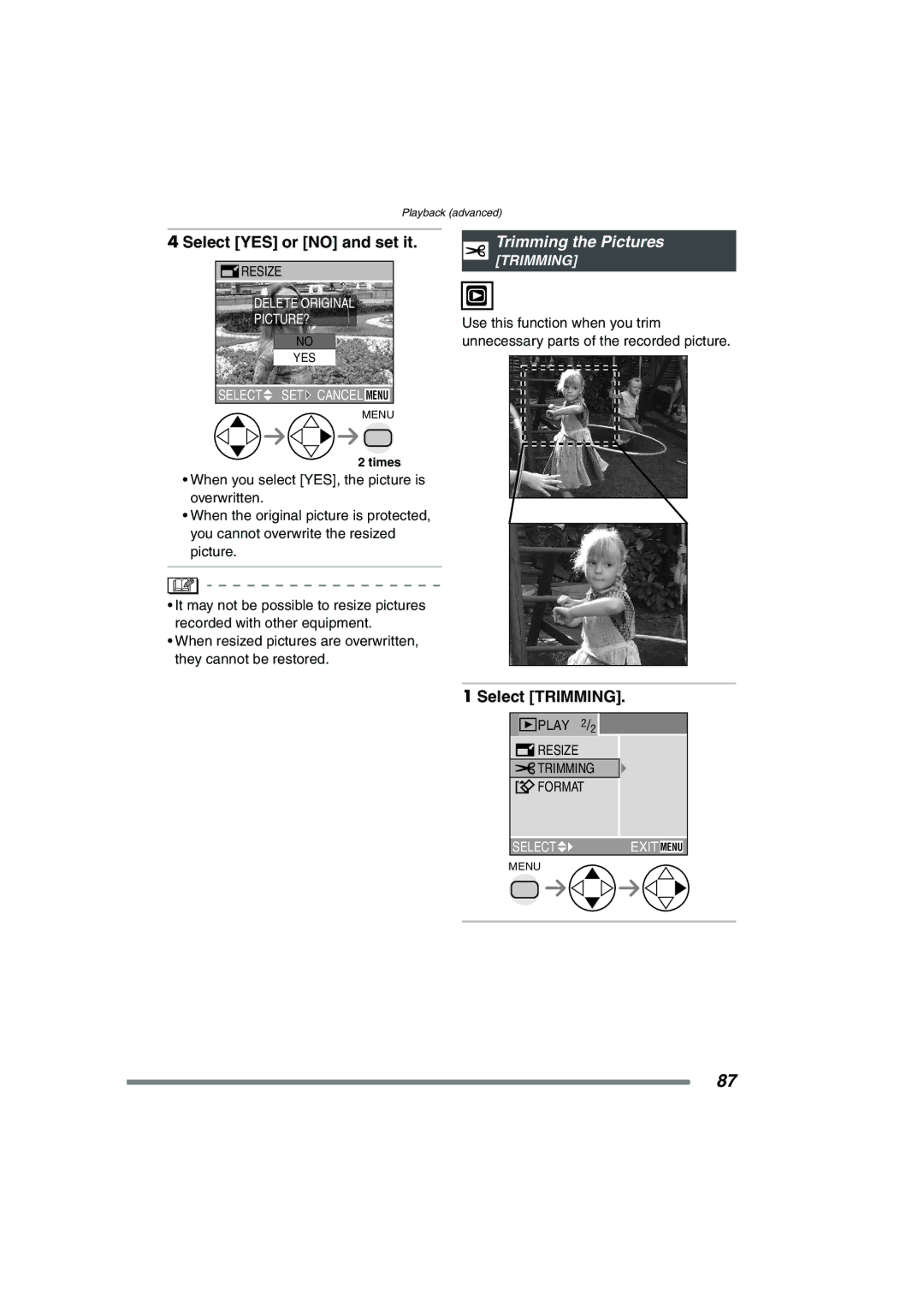 Panasonic DMC-FZ3GN operating instructions Select YES or no and set it, Trimming the Pictures, Select Trimming 