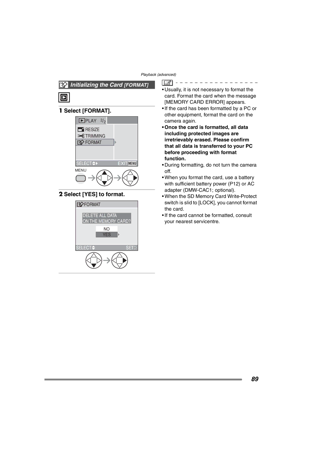 Panasonic DMC-FZ3GN operating instructions Initializing the Card Format, Select Format, Select YES to format 