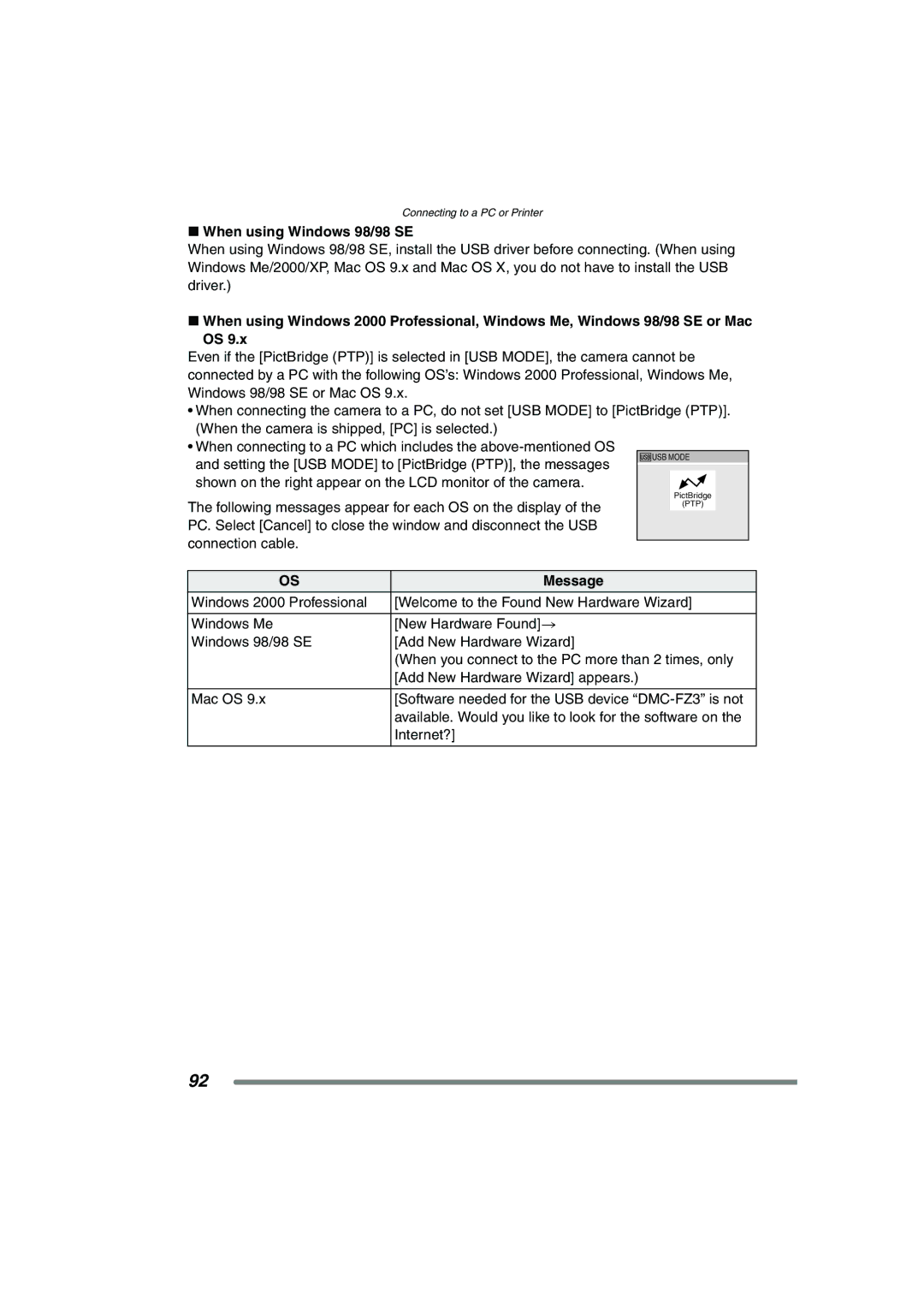 Panasonic DMC-FZ3GN operating instructions When using Windows 98/98 SE, Message 