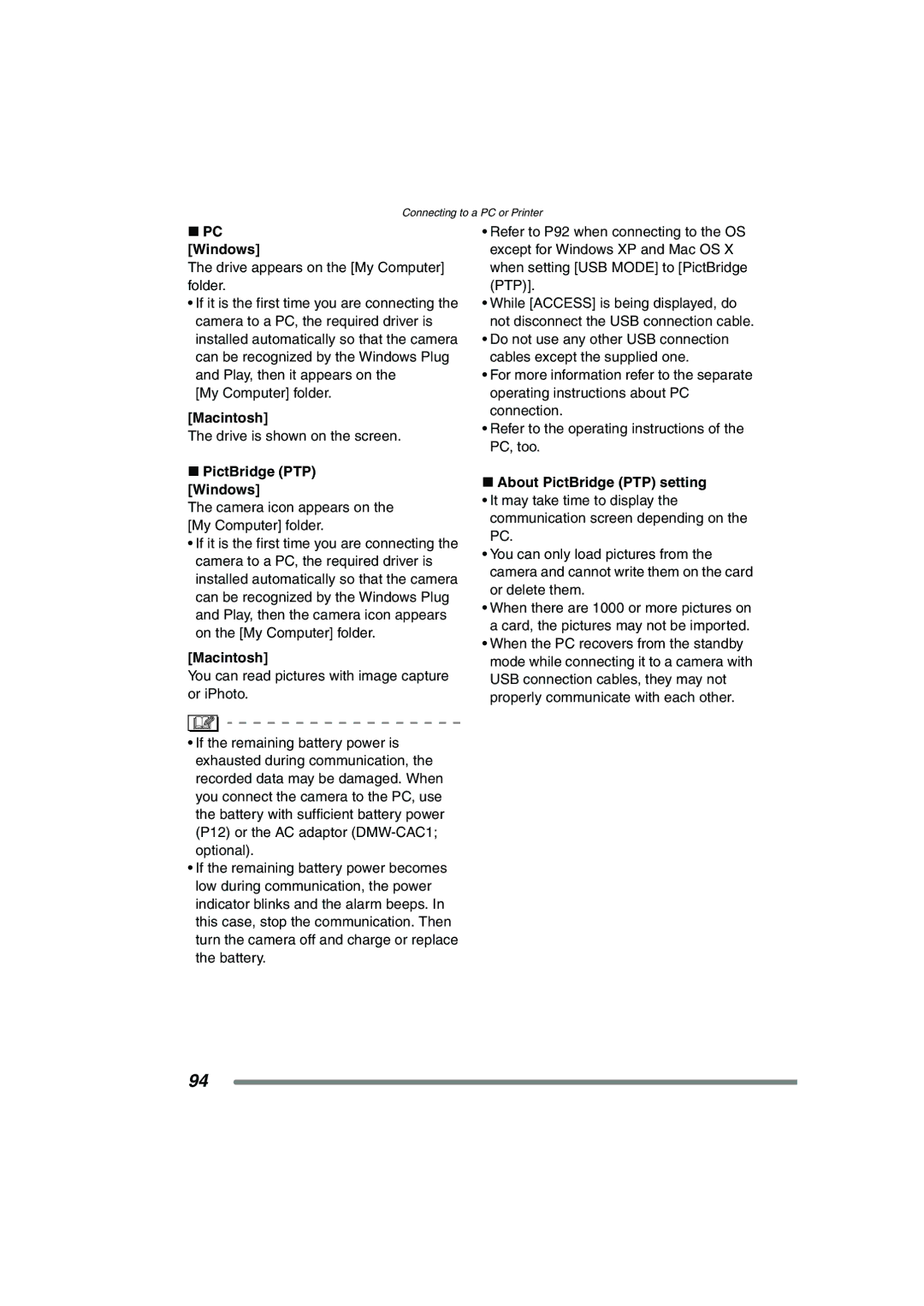 Panasonic DMC-FZ3GN operating instructions PC Windows, Macintosh, PictBridge PTP Windows, About PictBridge PTP setting 