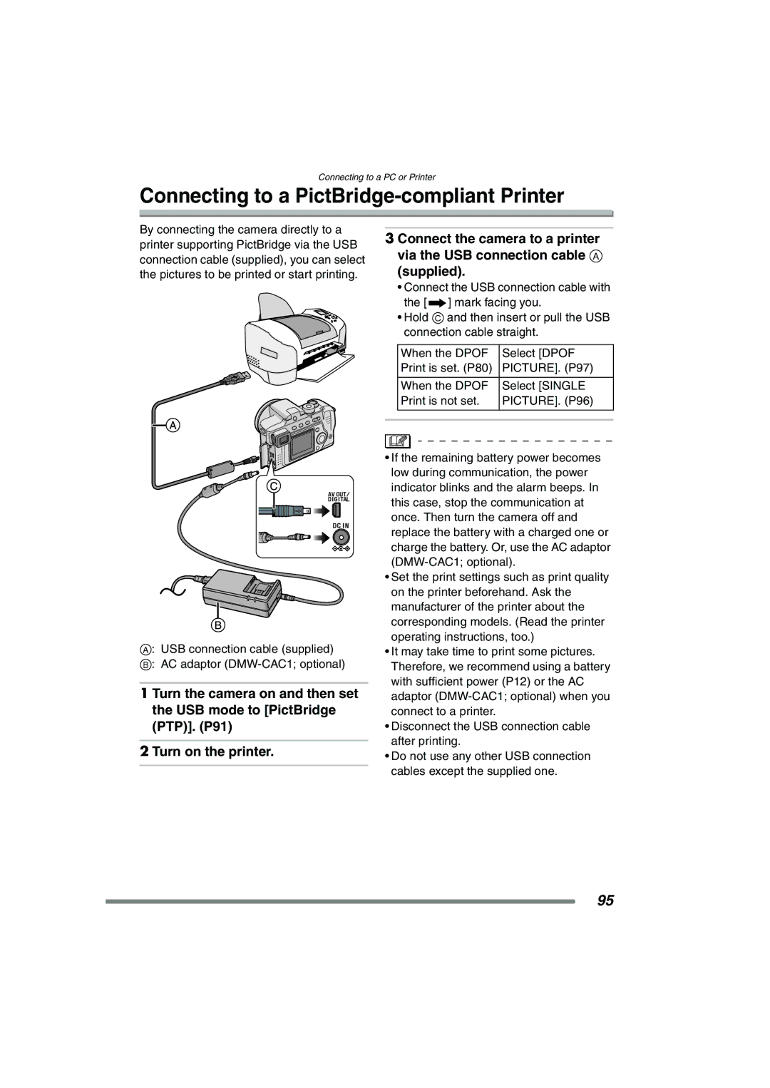 Panasonic DMC-FZ3GN operating instructions Connecting to a PictBridge-compliant Printer, PICTURE. P97, PICTURE. P96 