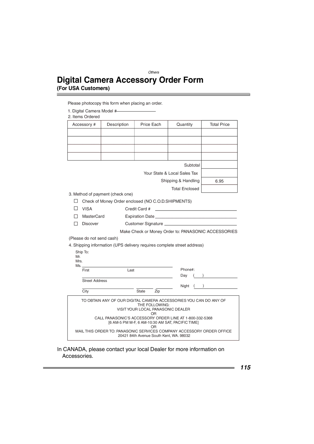 Panasonic DMC-FZ3PP operating instructions Digital Camera Accessory Order Form, For USA Customers 