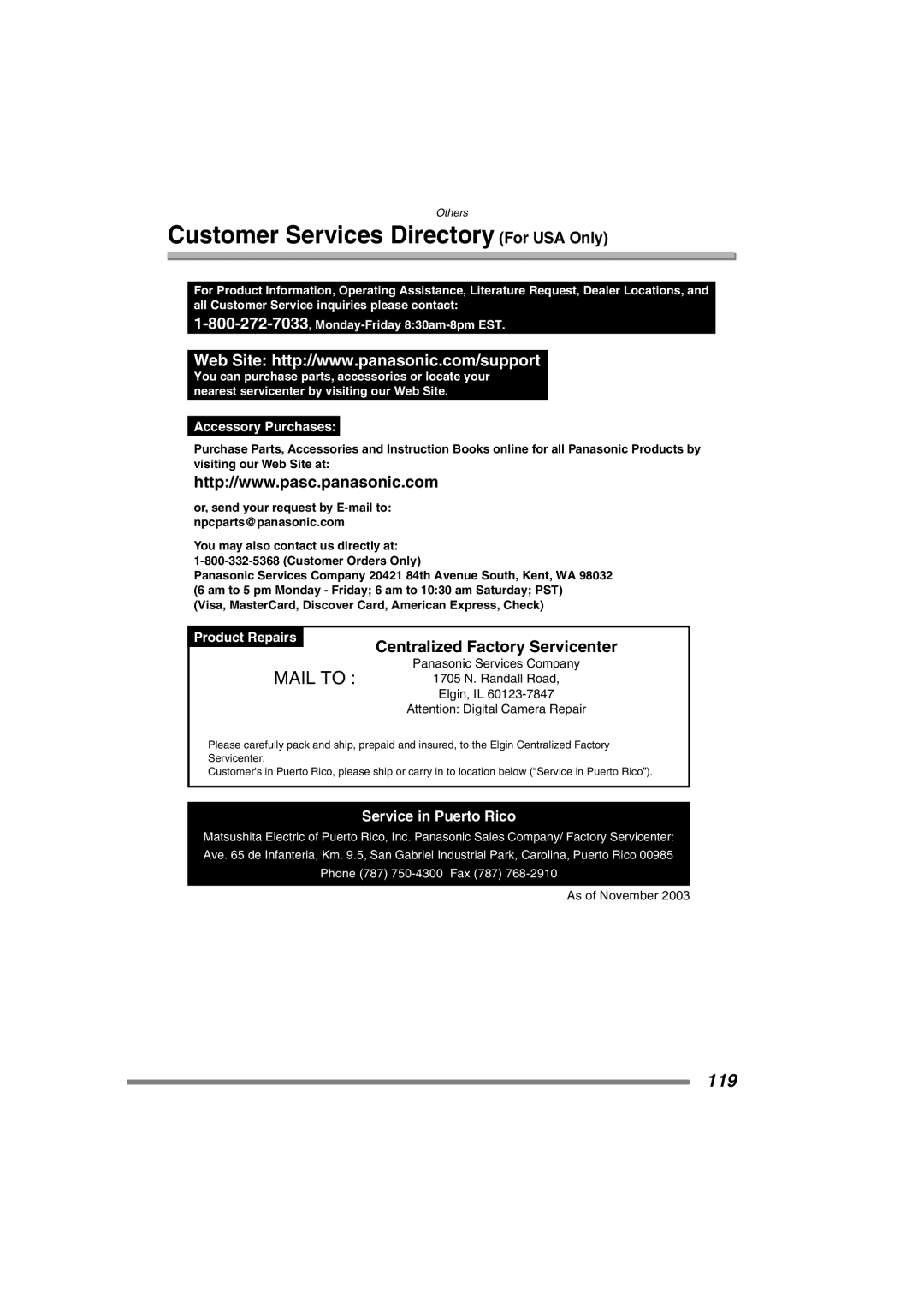 Panasonic DMC-FZ3PP operating instructions Customer Services Directory For USA Only, Centralized Factory Servicenter 