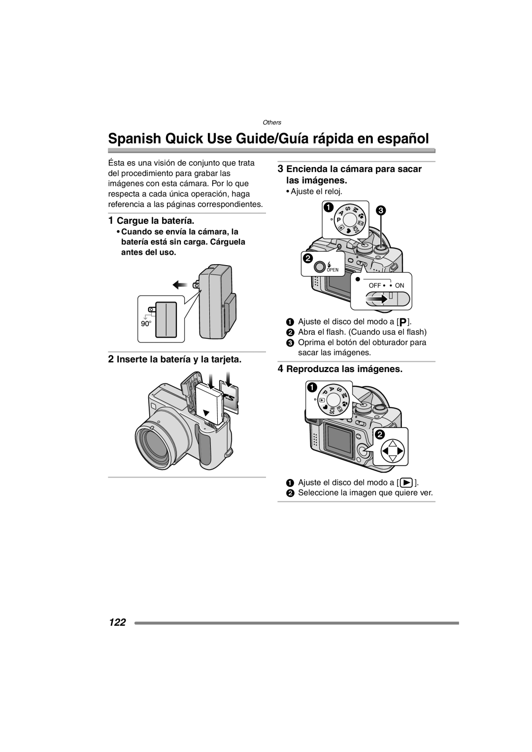 Panasonic DMC-FZ3PP Spanish Quick Use Guide/Guía rápida en español, Cargue la batería, Inserte la batería y la tarjeta 